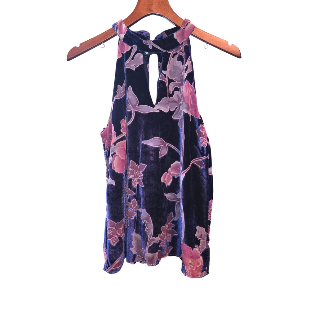 Skies Are Blue Halter Top Womens‎ Small Navy Pink Velvet Floral Burnout Tie Neck